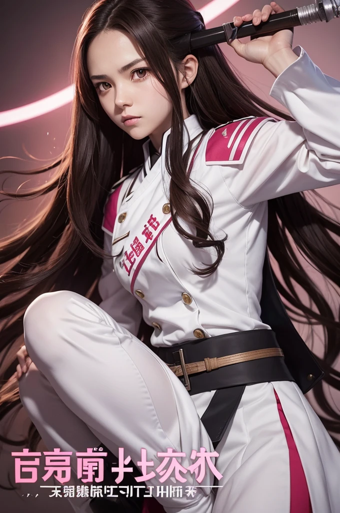 Demon Slayer screenshot of a woman with white skin, dark brown eyes and long, curly brown hair. She is wearing the hunter squad uniform and a pink and white katana with some heart details.. The character must appear in full on the cover. Ufotable studios season 1 screenshot.