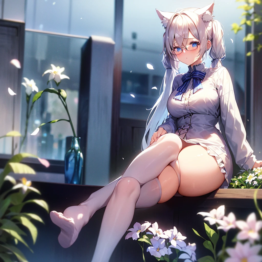 adult anime girl, white hair pigtails, ribbons, blushing, blue eyes, white cat ears, 8k, high res, 1 girl, good lighting, fine detail, rob, glasses, (masterpiece), perfect face, best quality, looking at view, flowers, petals, full body thick, sitting
