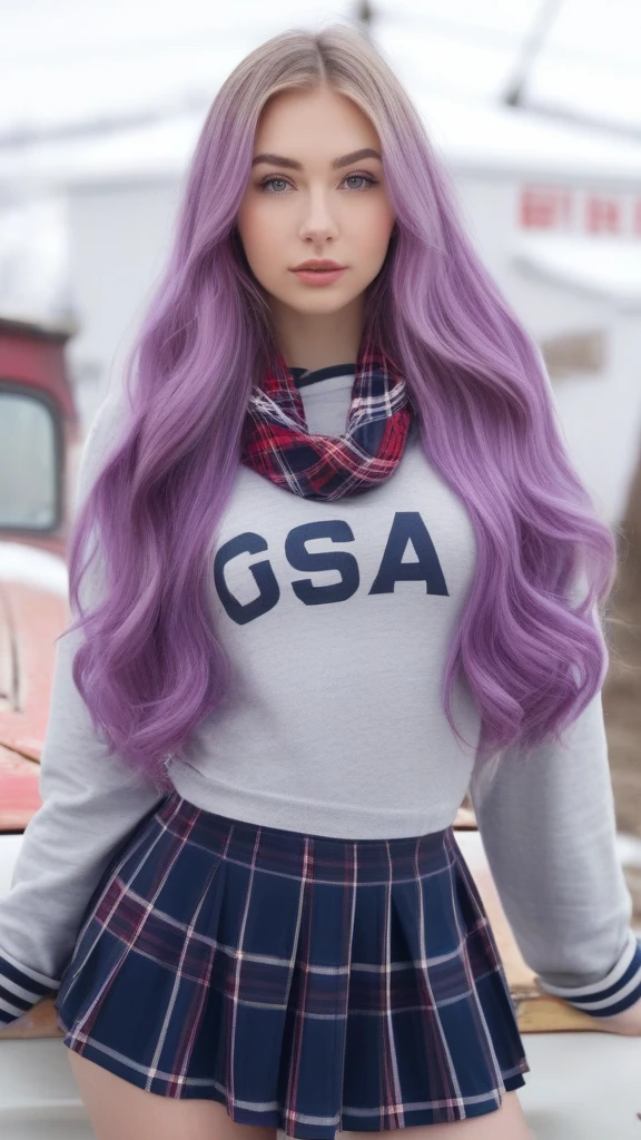 A Beautiful girl, 24 years old, blonde, long natural thin hair, gray eyes, juicy lips, sweet eyes, perfect skin, sweet face, round ass, round tits, wide hips, slim body, red plaid knot shirt, white long t-shirt, black leggings, posing on a old american pick-up, in a farm with field, winter, snow, side view, looking at viewer