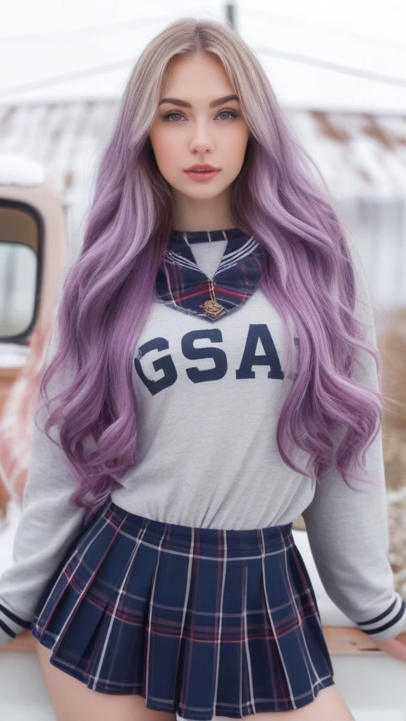 A Beautiful girl, 24 years old, blonde, long natural thin hair, gray eyes, juicy lips, sweet eyes, perfect skin, sweet face, round ass, round tits, wide hips, slim body, red plaid knot shirt, white long t-shirt, black leggings, posing on a old american pick-up, in a farm with field, winter, snow, side view, looking at viewer