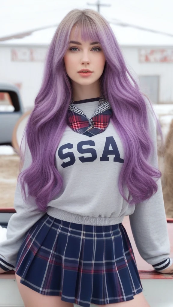 A Beautiful girl, 24 years old, blonde, long natural thin hair, gray eyes, juicy lips, sweet eyes, perfect skin, sweet face, round ass, round tits, wide hips, slim body, red plaid knot shirt, white long t-shirt, black leggings, posing on a old american pick-up, in a farm with field, winter, snow, side view, looking at viewer
