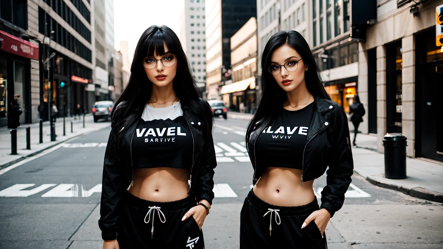  woman, long hair, black_hair, bangs,, dark brown eyes, black crop jacket, big breast, t-shirt with wave pattern , black sweatpants,round glasses,standing in the city