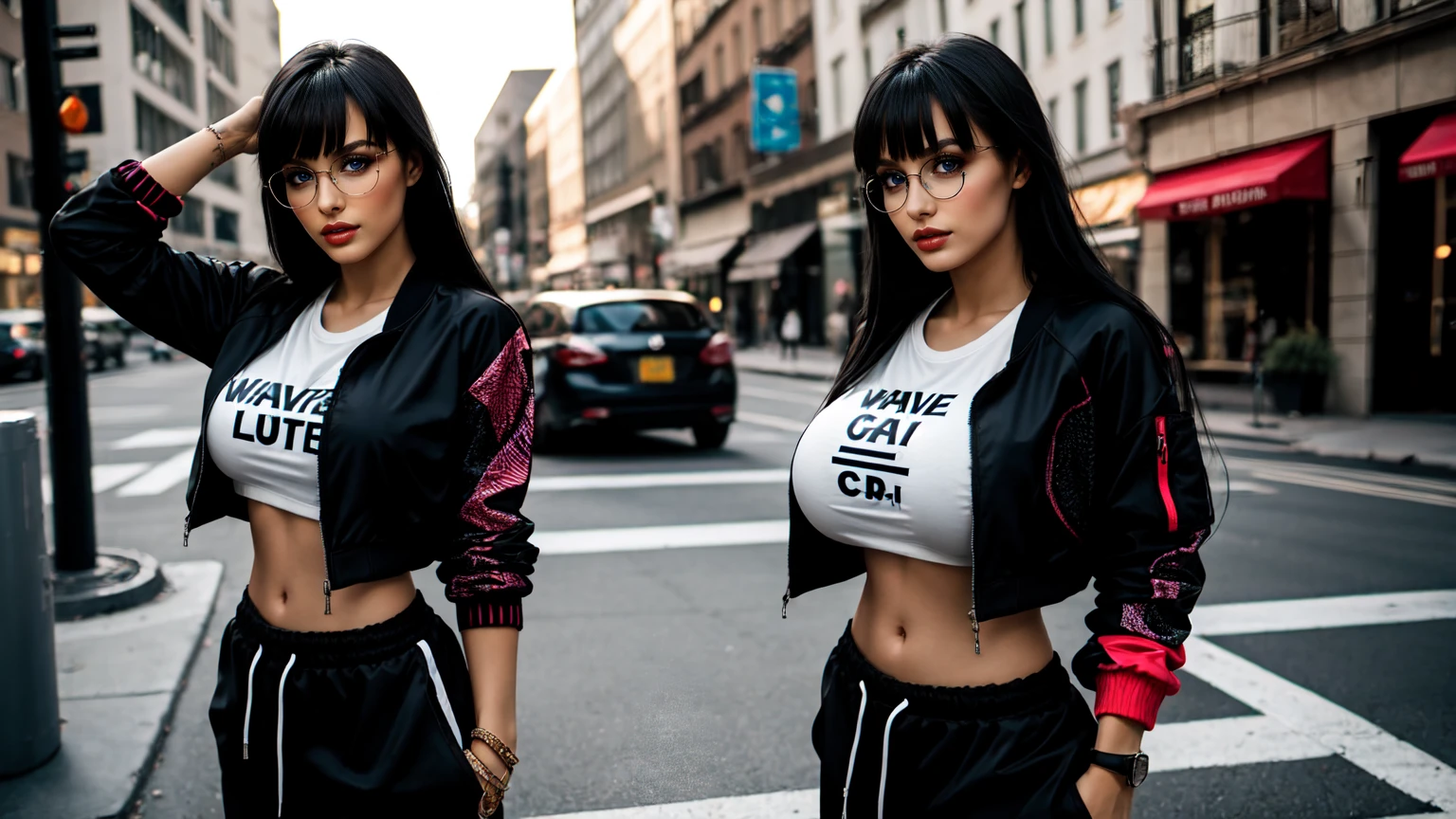  woman, long hair, black_hair, bangs,, dark brown eyes, black crop jacket, big breast, t-shirt with wave pattern , black sweatpants,round glasses,standing in the city