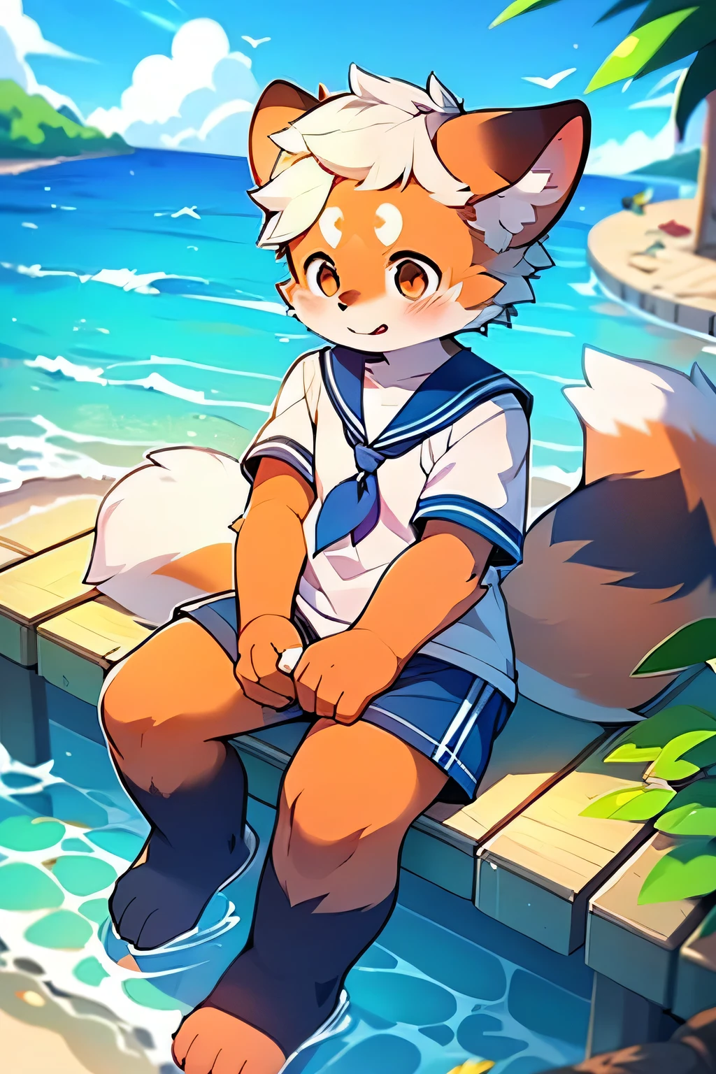 Male Red Panda,Ocean,Appearing in a sailor uniform!One person estrus period,sit,