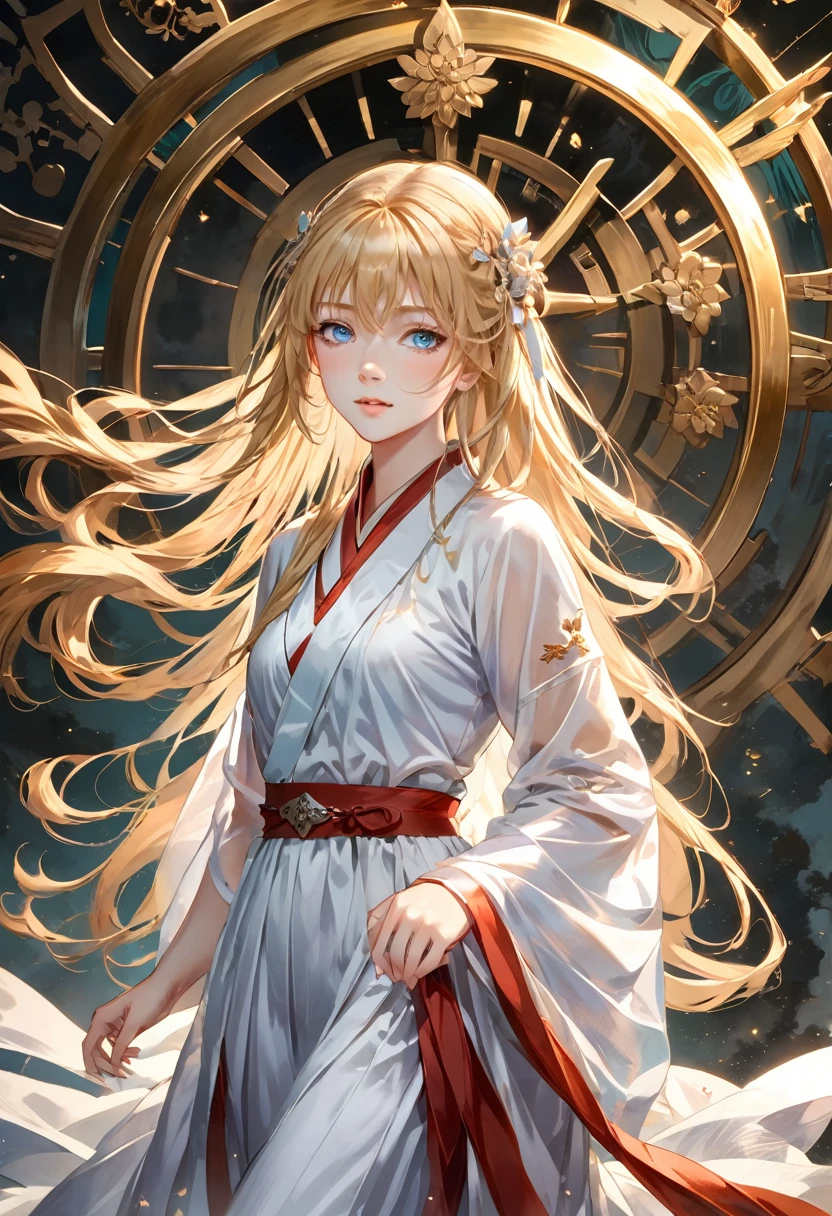 ((Highest quality)), ((masterpiece)), (detailed), ((Perfect Face)), One Girl,Anime girl with long blonde hair and dark turquoise eyes in a white dress, Trending on cgstation, artwork in the style of Gwaiz, Gwaiz, Smooth anime CG art, detailedなデジタルアニメアート, Anime Goddess, Fantasy art style, palace , Girl in Hanfu, Beautiful young wind spirit, Beautiful Anime Girls, ! Dream Art Germ, Beautiful anime portraits、look up、Looking up Has a law wheel、」Healing