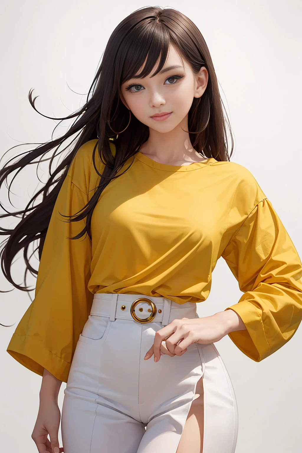 1 beautiful girl, photorealistic, standing, fashion photo, gorgeous yellow blouse, looking beyond the viewer, feminine, smiling, photorealism, fashion design, simple white background, model, Vogue magazine cover