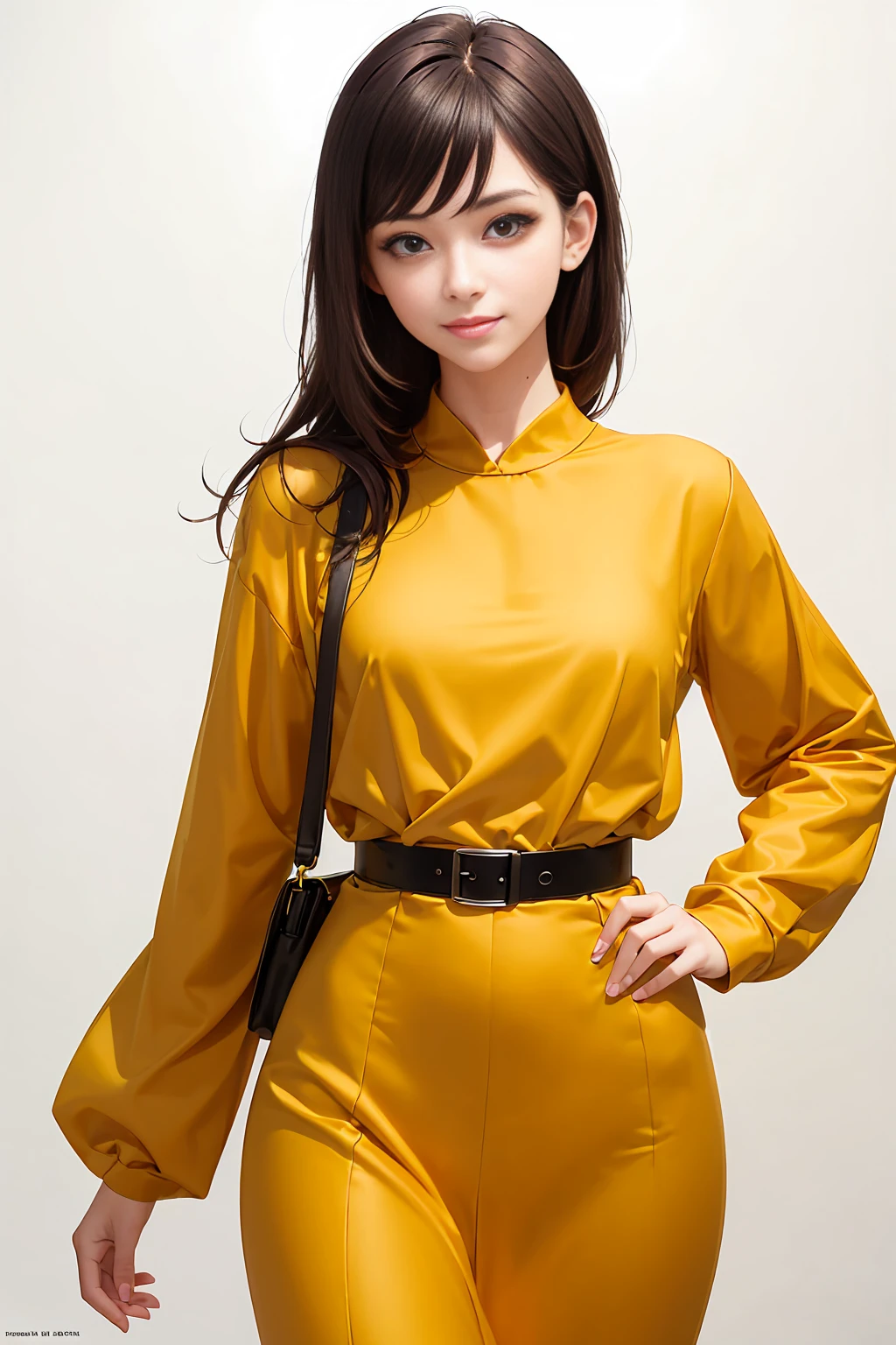 1 beautiful girl, photorealistic, standing, fashion photo, gorgeous yellow blouse, looking beyond the viewer, feminine, smiling, photorealism, fashion design, simple white background, model, Vogue magazine cover