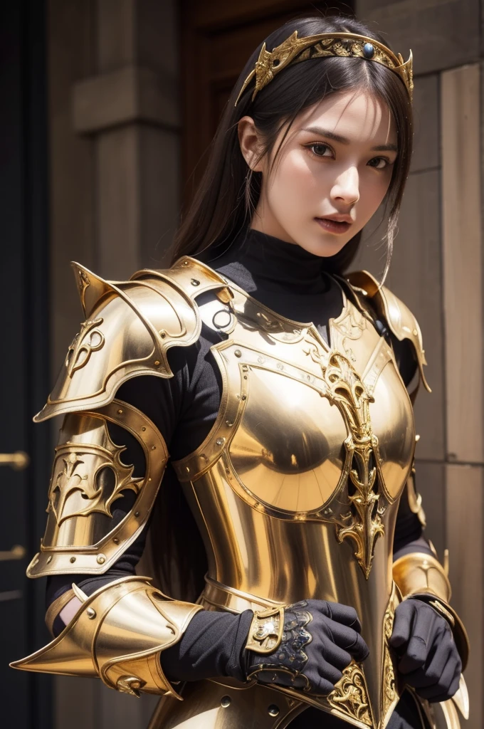 a close up of a woman in armor with a sword, stunning armor, wearing fantasy armor, very stylish fantasy armor, gold heavy armor. dramatic, beautiful armor, fantasy armor, black and gold armor, gothic armor, wearing ornate armor, intricate armour costumes, female armor, ornate gothic armor, ornate , wearing louis vuitton armor, girl in knight armor