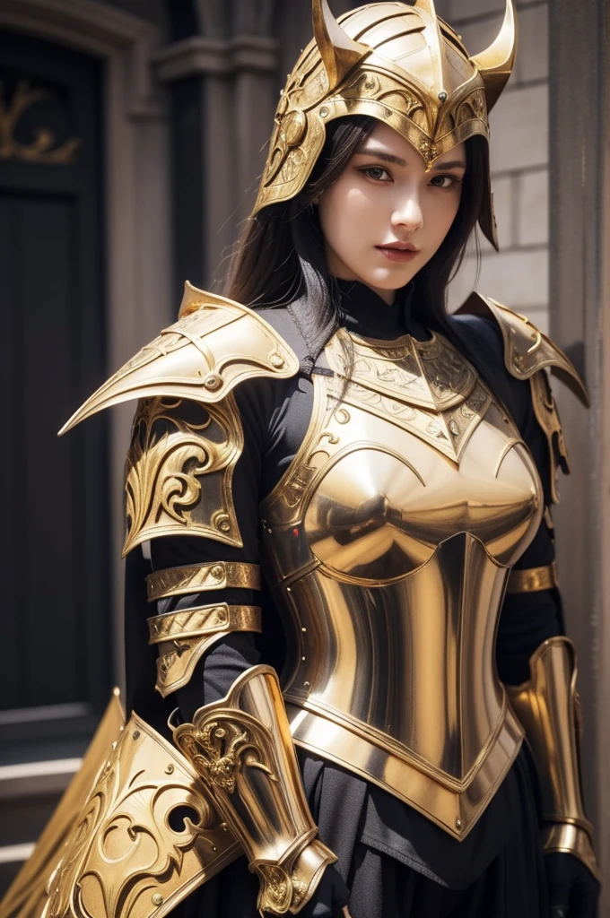 a close up of a woman in armor with a sword, stunning armor, wearing fantasy armor, very stylish fantasy armor, gold heavy armor. dramatic, beautiful armor, fantasy armor, black and gold armor, gothic armor, wearing ornate armor, intricate armour costumes, female armor, ornate gothic armor, ornate , wearing louis vuitton armor, girl in knight armor