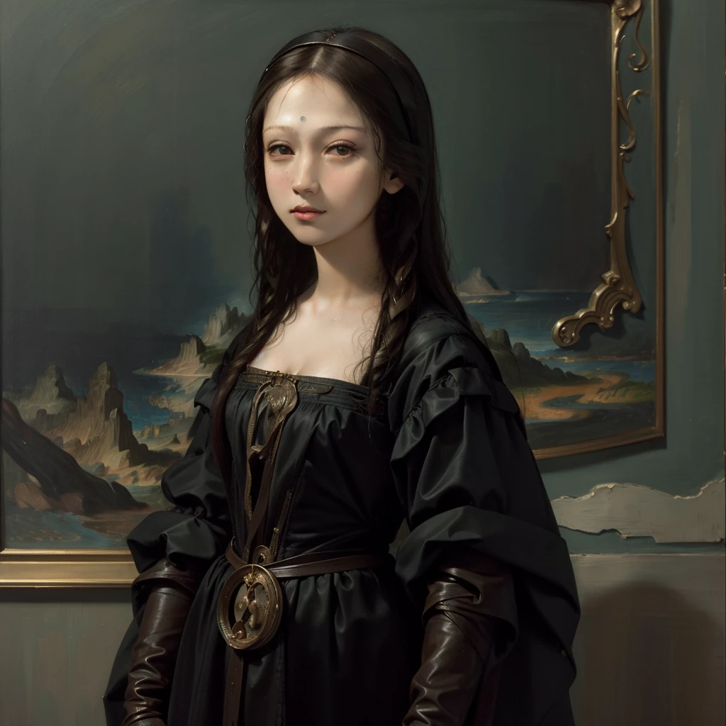 "Mona Lisa, modern art, hyper-realistic, human, photograph, incredibly high-quality photo, astonishing artwork, philosophical message, embedding contemporary darkness and issues, smartphone-addicted Mona Lisa, beauty, evokes viewer's imagination, grand background, live-action version of Mona Lisa, world's most beautiful woman, barefoot, colorful dress, groundbreaking dress, futuristic dress."