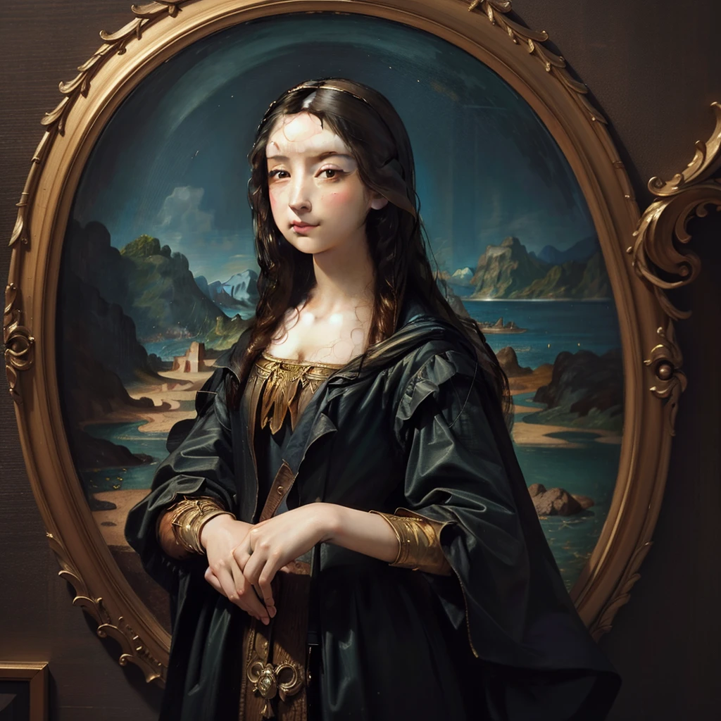 "Mona Lisa, modern art, hyper-realistic, human, photograph, incredibly high-quality photo, astonishing artwork, philosophical message, embedding contemporary darkness and issues, smartphone-addicted Mona Lisa, beauty, evokes viewer's imagination, grand background, live-action version of Mona Lisa, world's most beautiful woman, barefoot, colorful dress, groundbreaking dress, futuristic dress."