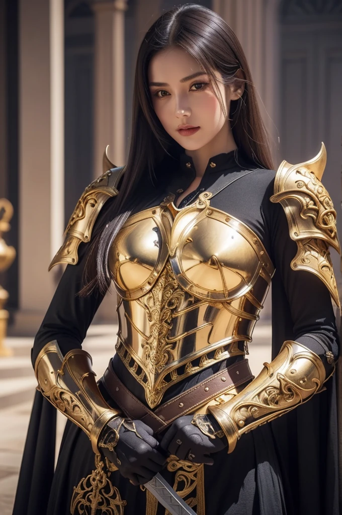 a close up of a woman in armor with a sword, stunning armor, wearing fantasy armor, very stylish fantasy armor, gold heavy armor. dramatic, beautiful armor, fantasy armor, black and gold armor, gothic armor, wearing ornate armor, intricate armour costumes, female armor, ornate gothic armor, ornate , wearing louis vuitton armor, girl in knight armor