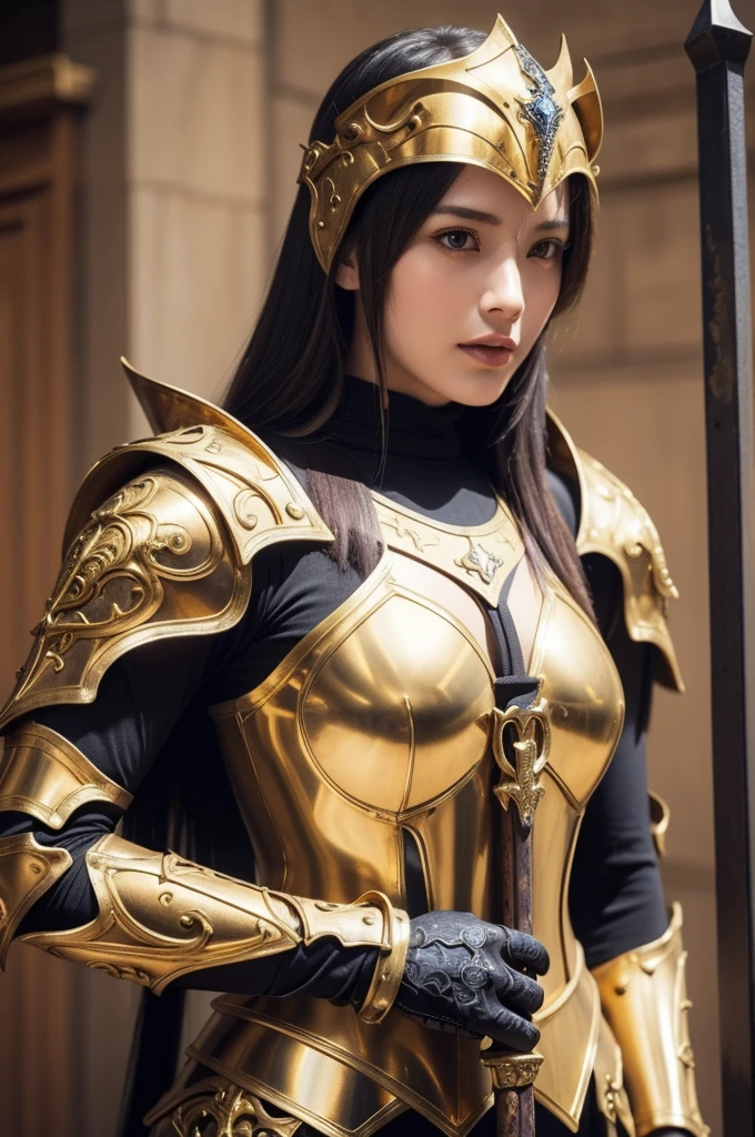 a close up of a woman in armor with a sword, stunning armor, wearing fantasy armor, very stylish fantasy armor, gold heavy armor. dramatic, beautiful armor, fantasy armor, black and gold armor, gothic armor, wearing ornate armor, intricate armour costumes, female armor, ornate gothic armor, ornate , wearing louis vuitton armor, girl in knight armor