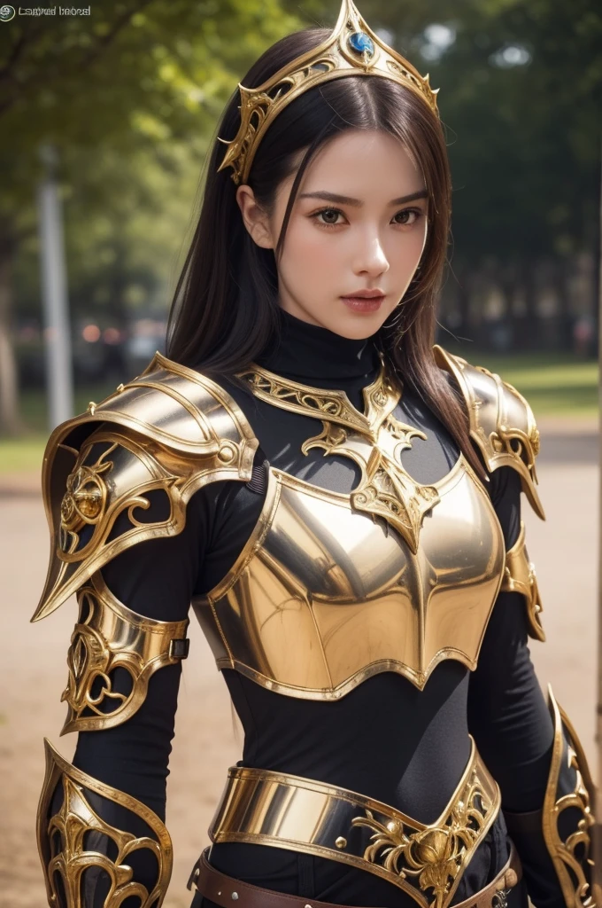 a close up of a woman in armor with a sword, stunning armor, wearing fantasy armor, very stylish fantasy armor, gold heavy armor. dramatic, beautiful armor, fantasy armor, black and gold armor, gothic armor, wearing ornate armor, intricate armour costumes, female armor, ornate gothic armor, ornate , wearing louis vuitton armor, girl in knight armor