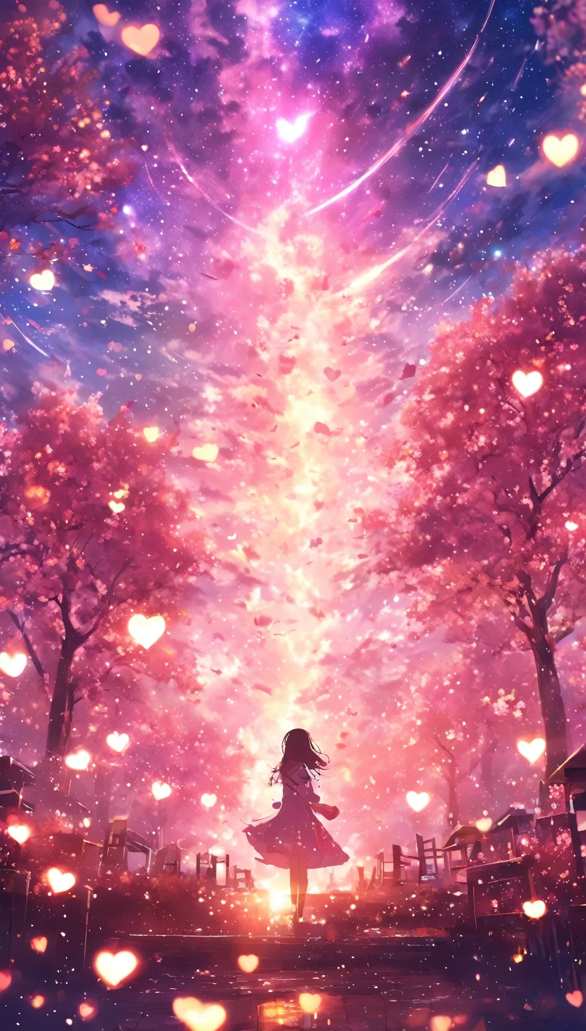 masterpiece, Concept Art, Panorama, in the center, shape, Wide Shot, garden, night, (meteor), Space galaxy background, (Great composition, Epic scale), Dynamic Lighting, Bright colors, cherry blossoms,1 Girl,Glowing light particles、heart、heart、love affair