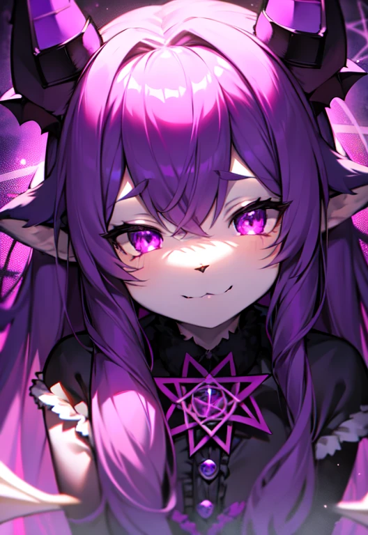 furry, purple fur, ultra cute face, dragon horns, bat wings, magenta and cyan elements on fur, pentagram, witchy, beautiful lights and shadows, ambient light, ultra detailed fur, volumetric light
