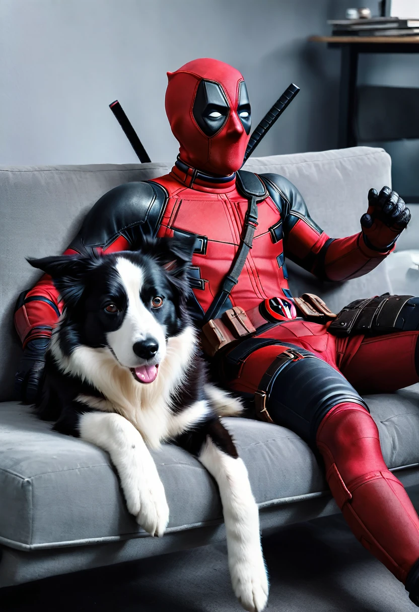 A playfully lounging Deadpool, clad in his iconic red and black suit, sprawled on a luxurious couch with an affectionate 25 yo Norwegian model wearing a battle worn military space suit by his side, engrossed in watching TV. The scene captures a moment of relaxation and companionship between the anti-hero and the super model, depicted in a vivid and detailed painting that intricately showcases their bond. Every element of the image is meticulously rendered, from the intricate stitching on Deadpool's suit to the intelligent gaze of the border collie, creating a visually stunning and emotionally resonant portrayal.