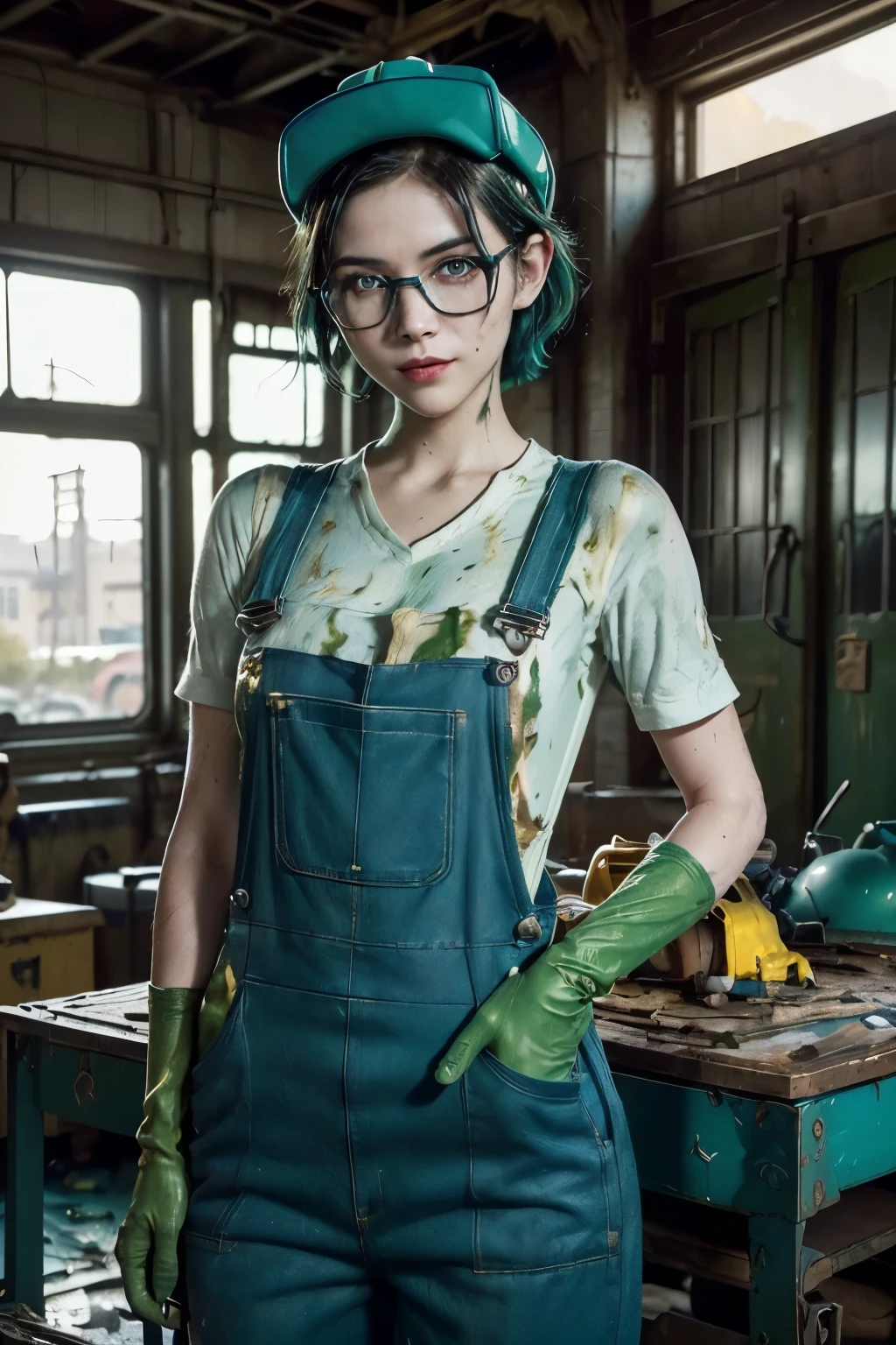 A photo of a young, nerdy woman. (looking at the viewer: 1.5). Smooth body, ((messy short:1.2) dark hair:1.5), (Slender), (dark lips:1.3), flirting with the camera. (white sclera), (square glasses:1.2). (dark makeup). (white cap), (smiling:1). (Dyed hair, Hair color:1.15). ((green and blue skin-tight mechanic outfit: 1.4) (sleeve) V-neck (overalls: 1.3), (overalls: blue and green mechanic technician 1.3), (yellow gloves: 1.1). yellow gloves, Yellow boots , delicate female feet with yellow boots (well lit, warm natural light, rustic and ornate mechanical workshop, car next door, (car:0.5), table with tools, clean and organized floor, background window, steel doors, (table vehicle polish:0.6):1.3) (confident, friendly, dominant, intimidating:1.1)