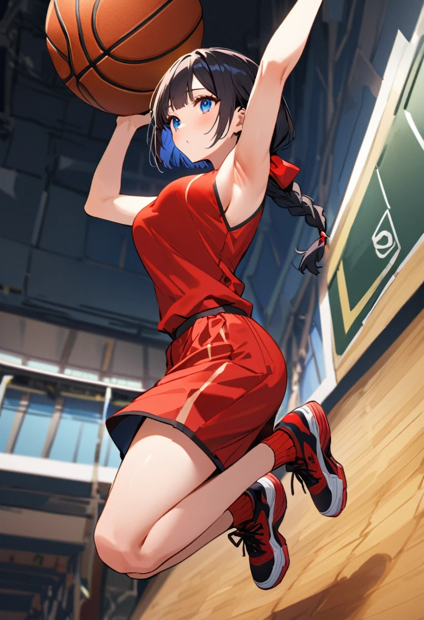 Highest quality、High resolution、Detailed Background、Beautiful Face、High detail、(Perfect Anatomy, Perfect Style)、(Detailed facial expressions)、(fine grain:1.2)、age Beauty、(very wide shot:1.5, full body:1.4), One Girl、Elementary school students, Cute black hair、Braided Bob, Braided, clear, deep blue eyes、Braided Ponytail, Braided bob cut, Basketball game in the gym, jumping:1.5, dunking:1.5, brake, Incredible jumping ability:1.5, Suspended in the air, ready to shoot:1.5, ((aerial view:1.5, shoot from side, looking up)), (Bright red uniform:1.5, Blue Line, No sleeve:1.5, Red high-top basketball shoes)、(armpit:1.2), ((large breasts:1.2, pointy breasts:1.2, high breasts:1.2)), He is about to hit the ball he is holding in one hand into the basketball goal above his head., The goal is 3m above the ground.
