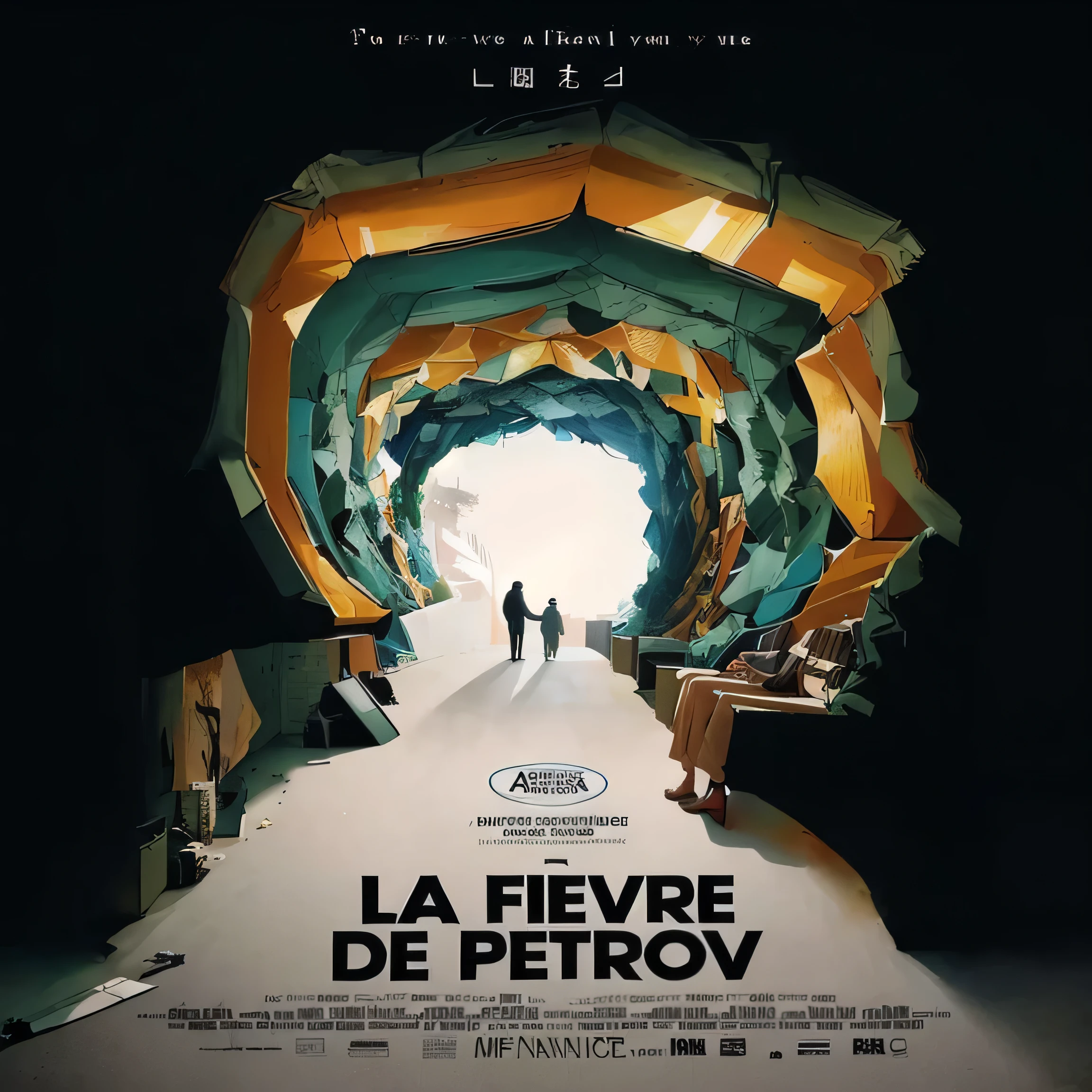 a movie poster with a man and a woman standing in a tunnel, official poster, poster, from below, cinématique”, movie poster with no text, inherent vice, by Pierre Laffillé, by Róbert Berény, [ theatrical ], inspired by Peter de Sève, in a denis villeneuve movie, center view, cinema poster