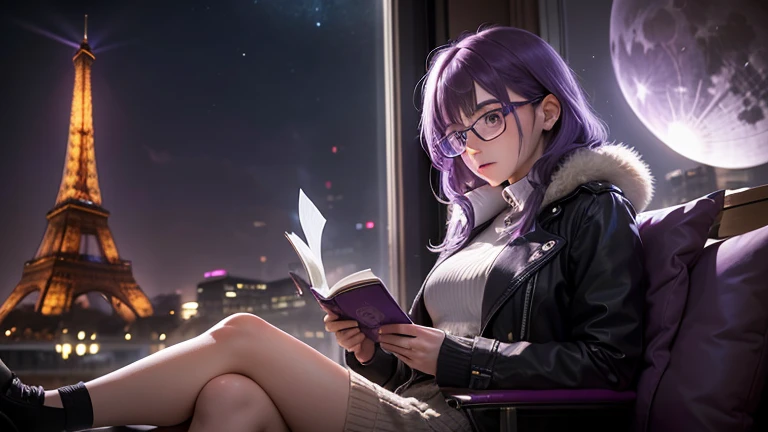 In the City of Paris, A girl with glasses, purple hair, reading a book, From Costa to the public, sitting in the armchair, facing glass walls, blurred from the intense cold, Dark night in the background with little fog, illuminated buildings, full moon with energy flow, the Eiffel Tower in the center of the moon, silver energy tides, Premonition, real scenario, I DON'T WANT HUMANS, There is a flow of energy, very real scenario, clear shades of purple and blue, ultra details.