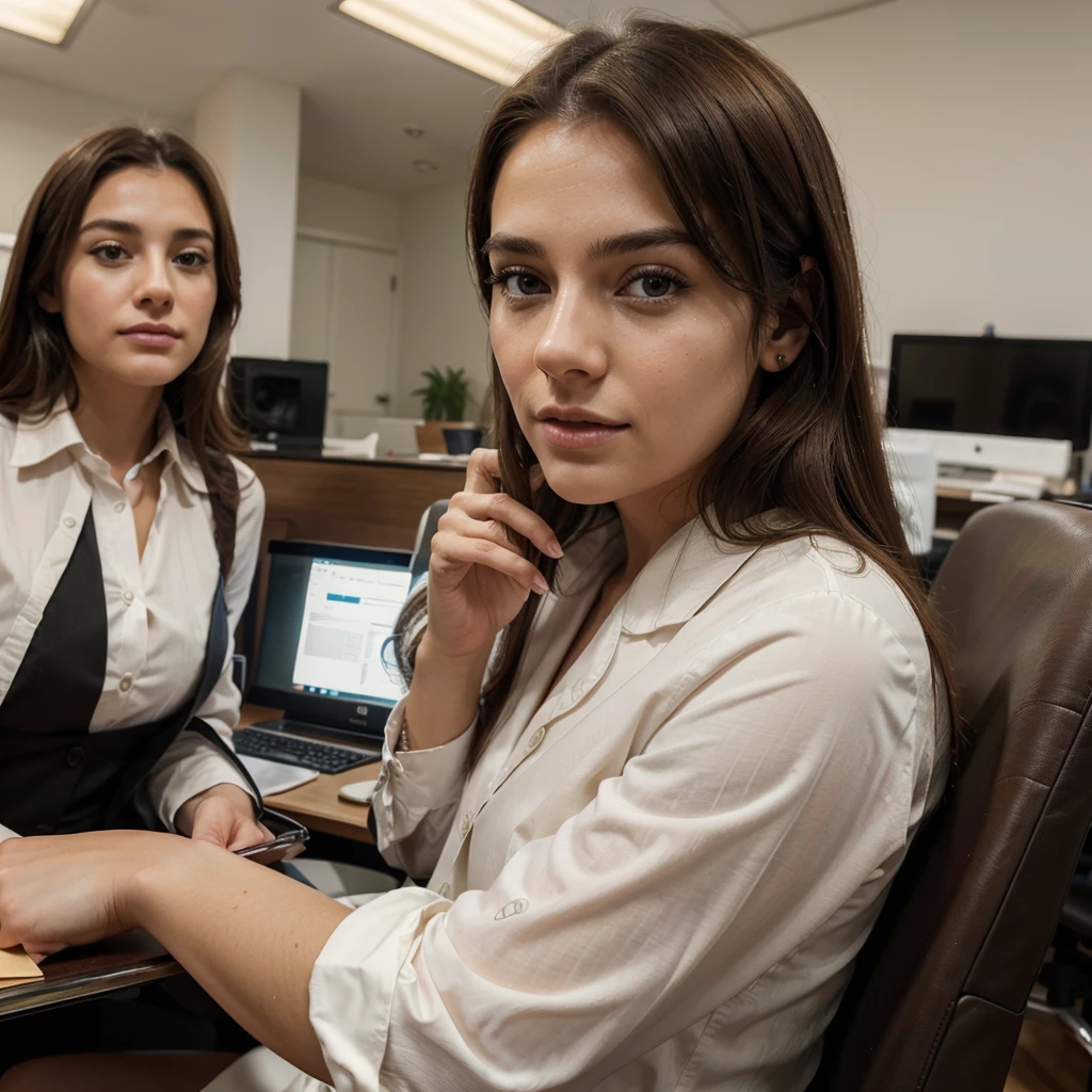 a young man with brown hair and a successful expression working in the office with his coworkers, beautiful detailed eyes, beautiful detailed lips, extremely detailed eyes and face, long eyelashes, formal business attire, working on office computer, office setting with desk and chairs, warm lighting, photorealistic, 8k, cinematic, highres, masterpiece, ultra-detailed, realistic invitando pastelitos a sus compañeros 