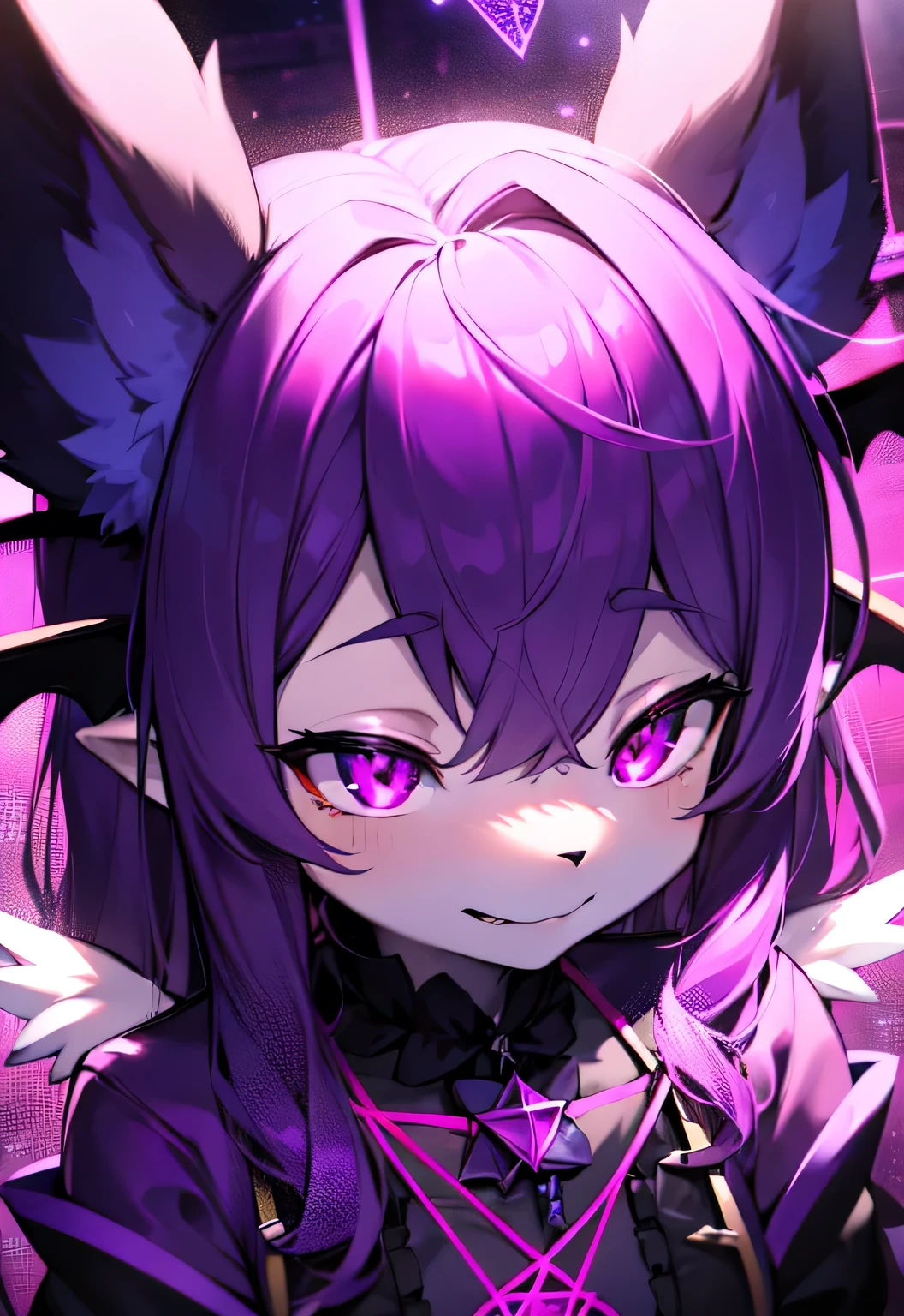 furry, purple fur, ultra cute face, dragon horns, bat wings, magenta and cyan elements on fur, pentagram, witchy, beautiful lights and shadows, ambient light, ultra detailed fur, volumetric light