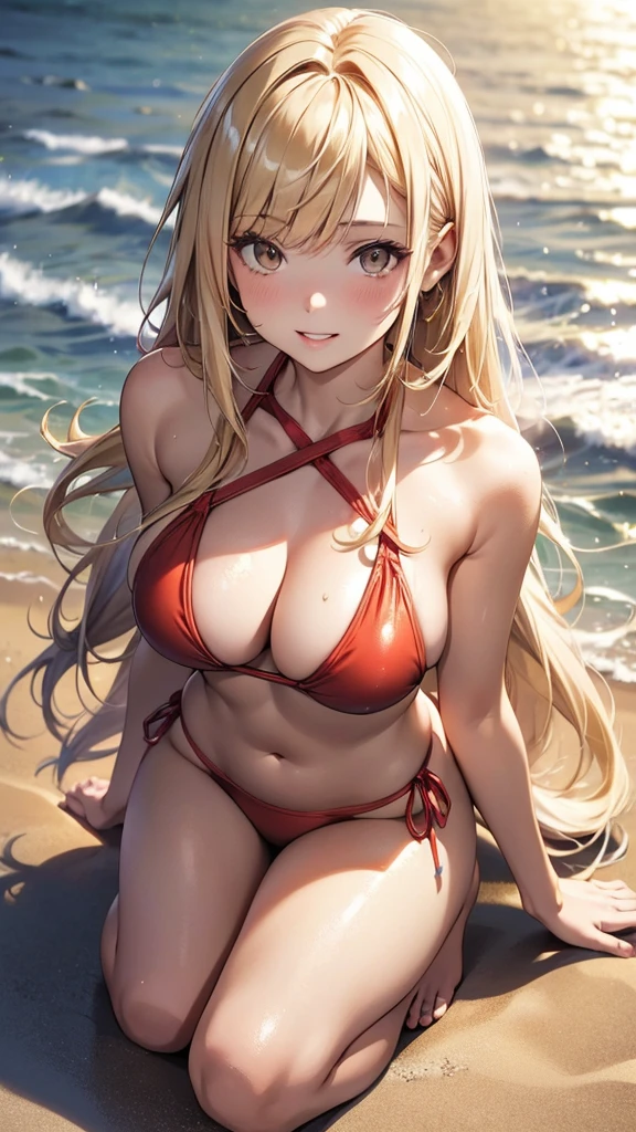 1girl, solo, bangs, long blonde hair, parted lips, medium breast, gold eyes, long hair, smile, solo, two piece red halter swimsuit, sandy pier background, kneeling