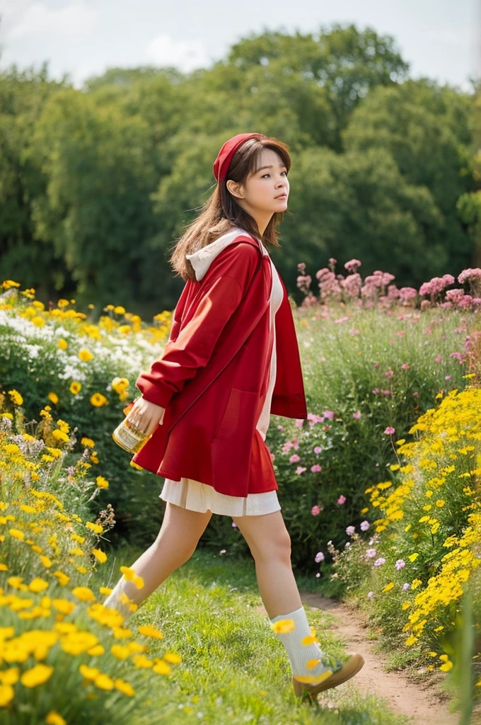Winnie the Pooh comes with a jar of honey,dressed in a red jacket,small height,walking through a flowering meadow,where there are many flowers
