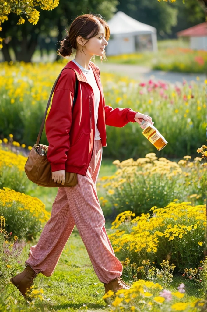 Winnie the Pooh comes with a jar of honey,dressed in a red jacket,small height,walking through a flowering meadow,where there are many flowers