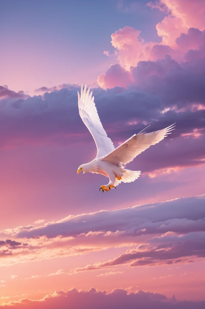White eagle flying in the pink sky with magical clouds