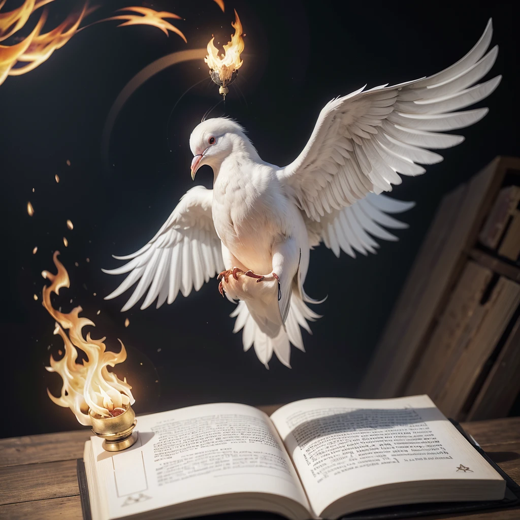 a white dove flying over a book with a flame in the background, logo, logo, icon with a halo of fire, bispo do rosario, religion, emblem, badge, inspired by Hristofor Žefarović, distinctive, by João Artur da Silva, gric, imageio, svg, vector logo, downtown, illustrated logo