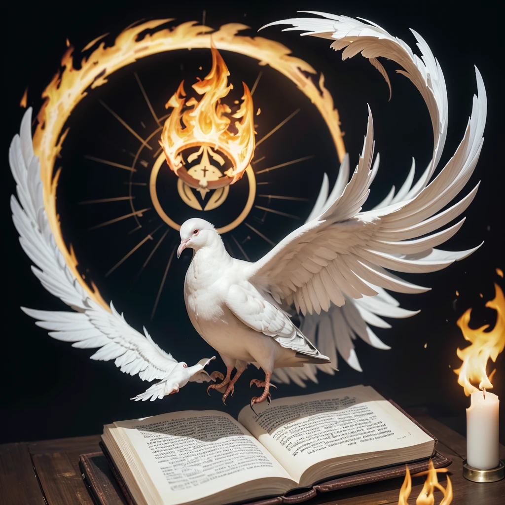 a white dove flying over a book with a flame in the background, logo, logo, icon with a halo of fire, bispo do rosario, religion, emblem, badge, inspired by Hristofor Žefarović, distinctive, by João Artur da Silva, gric, imageio, svg, vector logo, downtown, illustrated logo