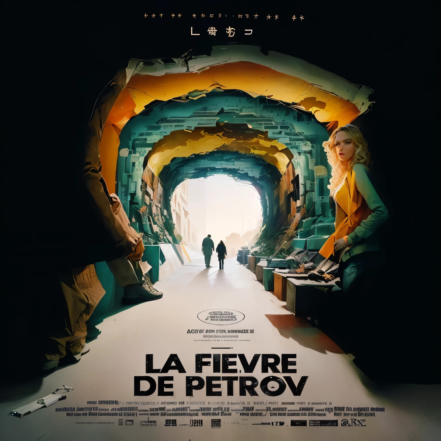 a movie poster with a man and a woman standing in a tunnel, official poster, poster, from below, cinématique”, movie poster with no text, inherent vice, by Pierre Laffillé, by Róbert Berény, [ theatrical ], inspired by Peter de Sève, in a denis villeneuve movie, center view, cinema poster