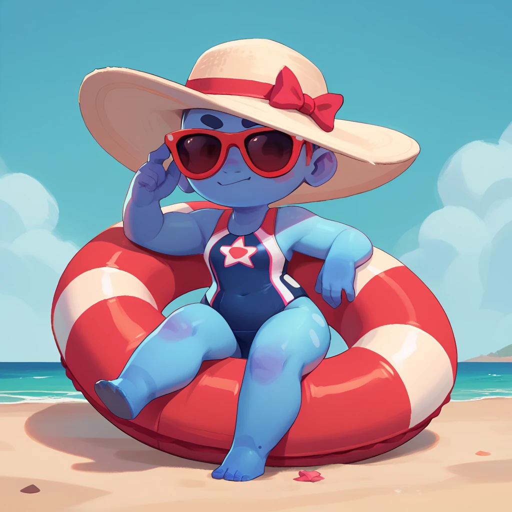 full body view of a triceratops, antropomorphic, female, in swimsuit, sky blue skin color, pink and white wild buoy, wearing sunglasses
