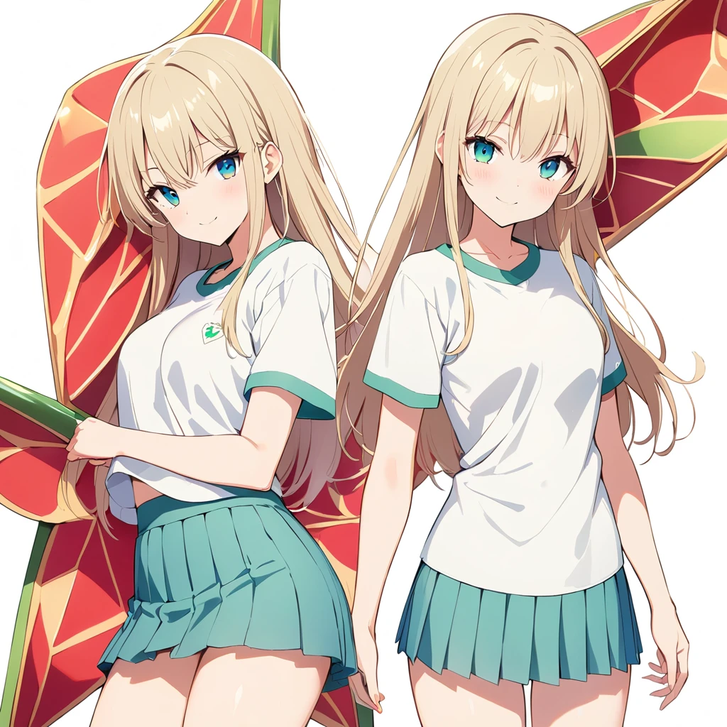 first love, 1girl, solo, facing viewer, girl,oshino shinobu,yellow hair,long hair,yellow eyes,wavy at the end of hair,lolie stay outfits,donuts,Green Bracelet,simple background,^_^