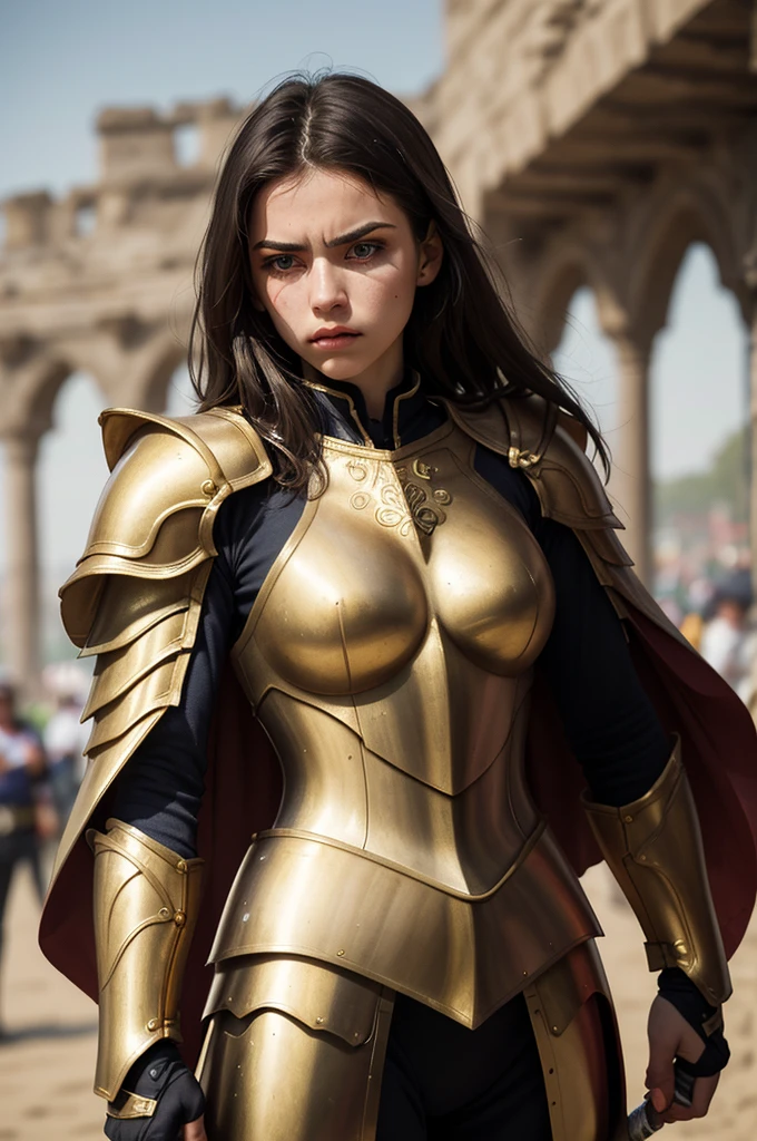 (best quality, masterpiece:1.3), 1 woman, 22 year old, Warrior, sword, armor, upper body, AnjelikaV2, royal, cape, furrowed brow, parted lips, film grain, blurry foreground, gold armor, aztec armor,