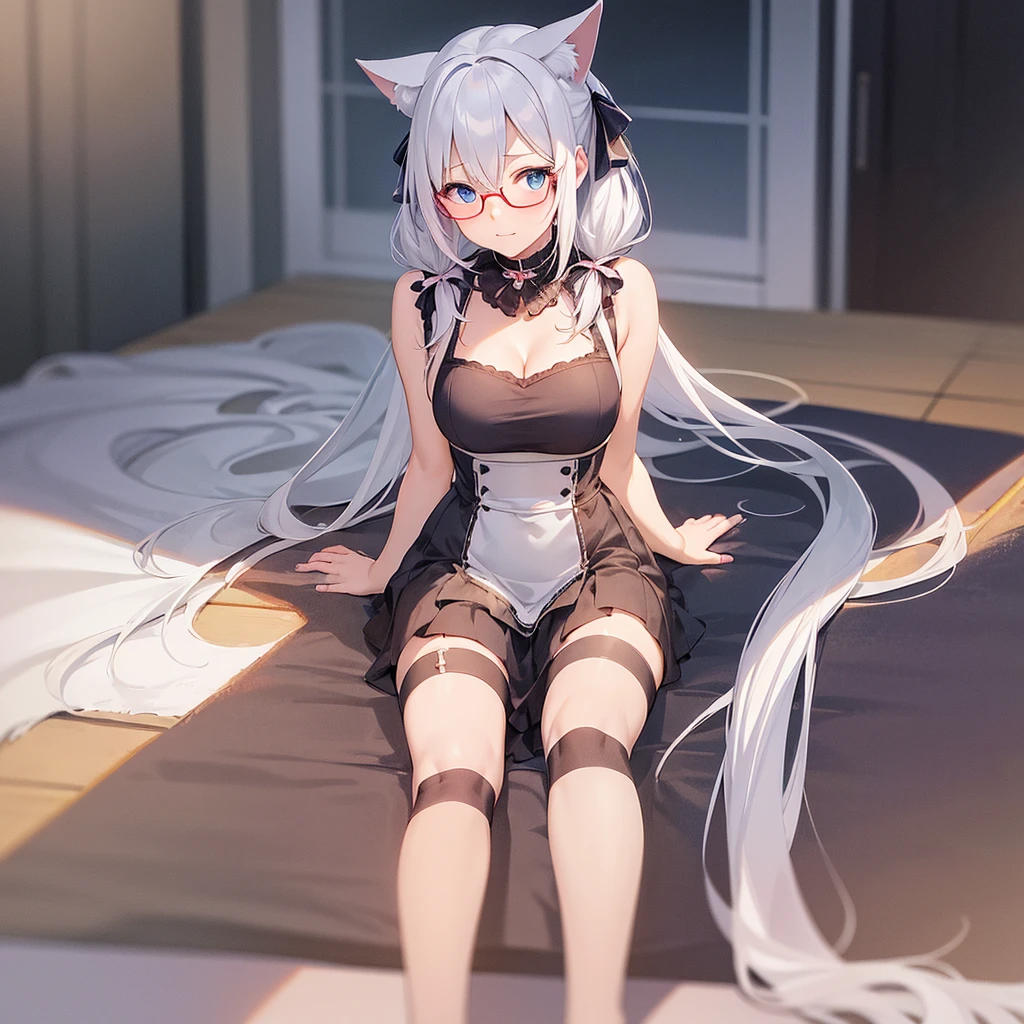 (4K分辨率，White tiger anthropomorphism，femele，white stockings，white color hair，Gorgeous blue-purple eyes，Background with，light breeze，China-style，D-cups，Gorgeous costumes，Thin stature，Thin legs，Lovely 4 points，Sexy 6 points，Rub the edges， costumes，Little tiger tooth，Sit Pose，Waist miniskirt，The hands are not covered，Shy，Hairless white tiger nest