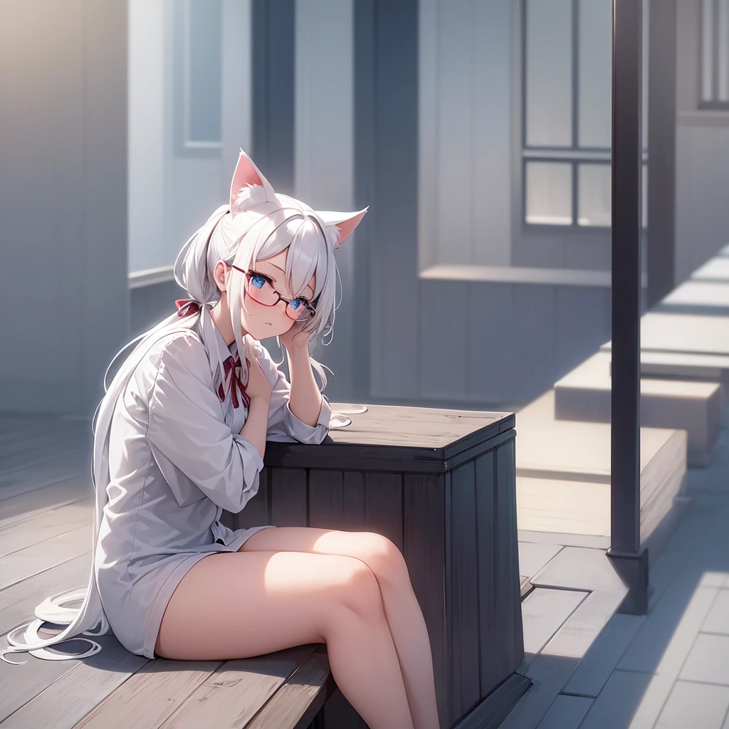 adult anime girl, white hair pigtails, ribbons, blushing, blue eyes, cat ears, 8k, high res, 1 girl, good lighting, fine detail, glasses, (masterpiece), perfect face, best quality, looking at viewer, full body thick, sitting
