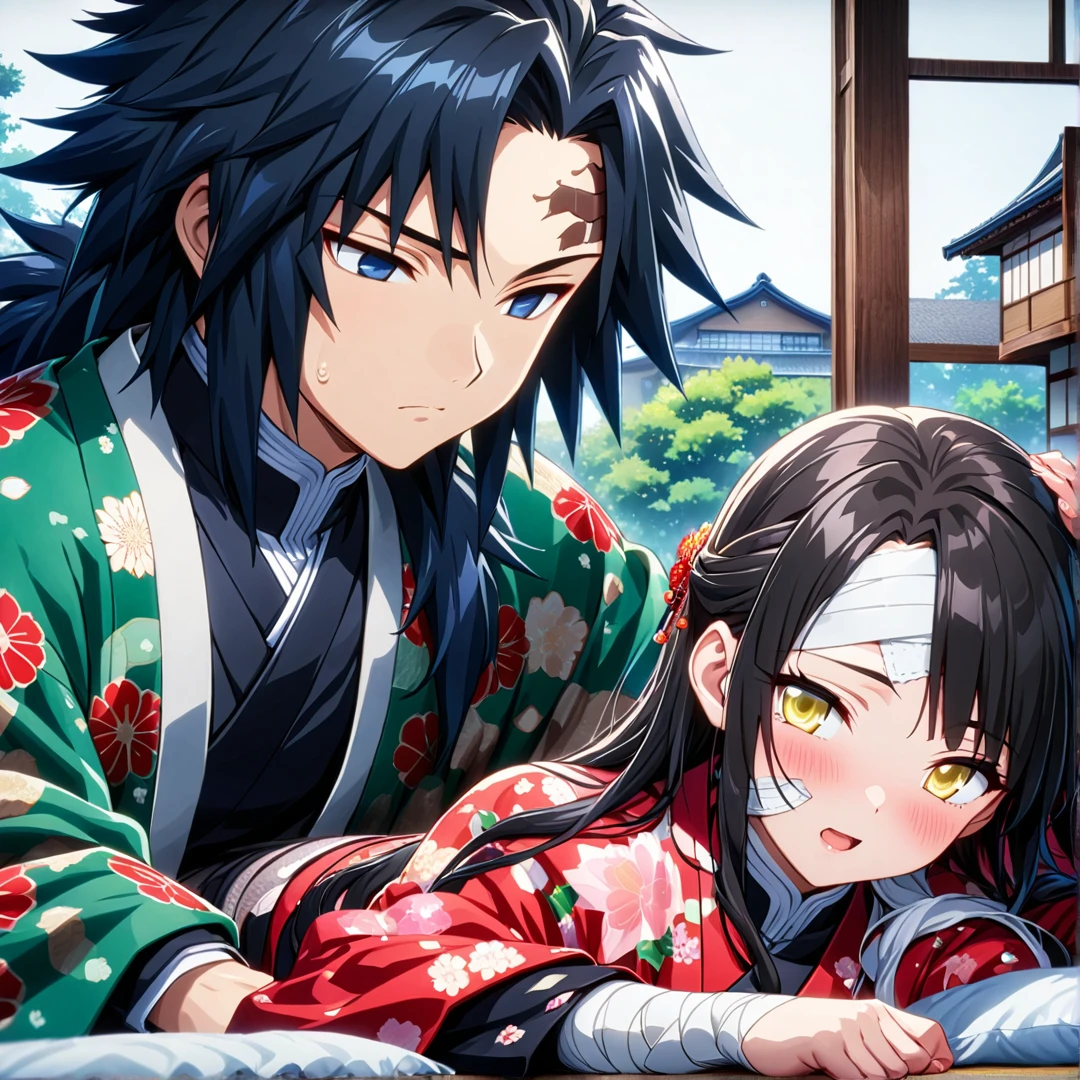 Ultra detailed, high resolution, absurd, HDR, masterpiece, anime man and woman, beautiful woman (with long white hair with deep red highlights, woman (with yellow eyes), haori, wearing anime uniform demon slayer body, Kimetsu No Yaiba, handsome Tomioka Giyu, Hashira, Tomioka lying hurt in bed, Tomioka has a bandage on his forehead, couple, Japanese house, best quality, extremely detailed face, anime, the girl is looking at Tomioka, she stays by his side