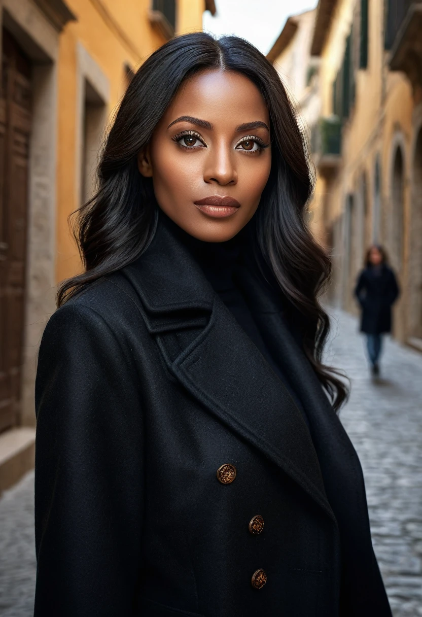 a black woman of 35 years old, long and straight black hair, light brown eyes, wearing a black overcoat in a square in italy, full body shot, detailed facial features, beautiful detailed eyes, beautiful detailed lips, extremely detailed eyes and face, long eyelashes, elegant pose, dramatic lighting, cinematic angle, (best quality,4k,8k,highres,masterpiece:1.2),ultra-detailed,(realistic,photorealistic,photo-realistic:1.37),HDR,UHD,studio lighting,ultra-fine painting,sharp focus,physically-based rendering,extreme detail description,professional,vivid colors,bokeh,portrait