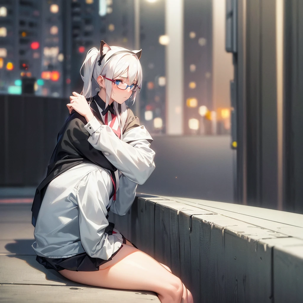 adult anime girl, white hair pigtails, ribbons, blushing, blue eyes, cat ears, 8k, high res, 1 girl, good lighting, fine detail, glasses, (masterpiece), perfect face, best quality, looking at viewer, full body thick, sitting