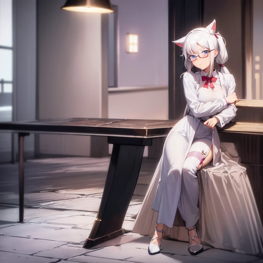 adult anime girl, white hair pigtails, ribbons, blushing, blue eyes, cat ears, 8k, high res, 1 girl, good lighting, fine detail, glasses, (masterpiece), perfect face, best quality, looking at viewer, full body thick, sitting
