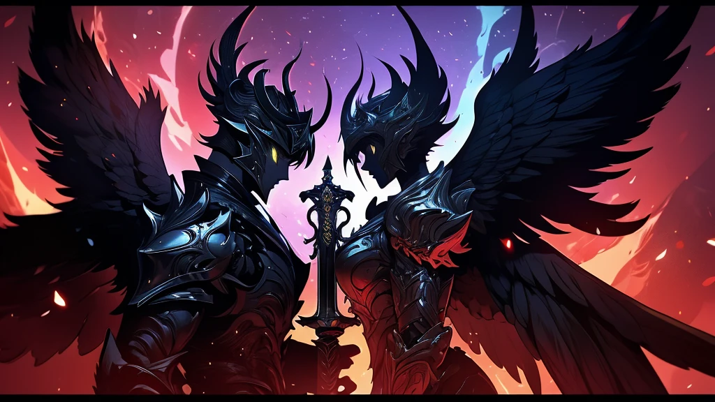 argus, red wings with black, fire wings, black armor with red edges, mythical sword, scene in crimson forest, escenario luna de blood, fire in the face, aurora of fire, purple background, fire in the wings, blood, luna de blood, blood en las alas, ultra hd, high quality, maximum quality, 2 people,