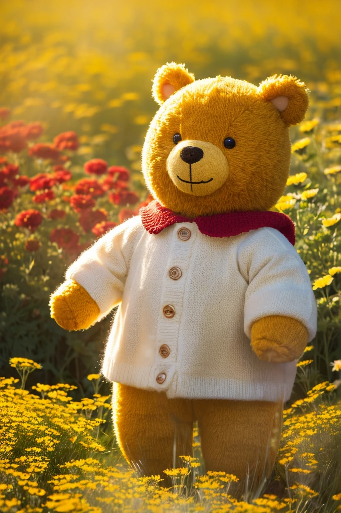 A teddy bear Winnie the Pooh holding a honey pot, wearing a red sweater, small in stature, walking through a blooming meadow with many flowers, (best quality,4k,8k,highres,masterpiece:1.2),ultra-detailed,(realistic,photorealistic,photo-realistic:1.37),highly detailed illustration,cute,warm colors,natural lighting,vibrant colors,soft focus