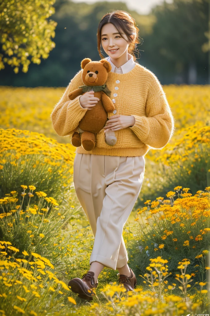 A teddy bear Winnie the Pooh holding a honey pot, wearing a red sweater, small in stature, walking through a blooming meadow with many flowers, (best quality,4k,8k,highres,masterpiece:1.2),ultra-detailed,(realistic,photorealistic,photo-realistic:1.37),highly detailed illustration,cute,warm colors,natural lighting,vibrant colors,soft focus