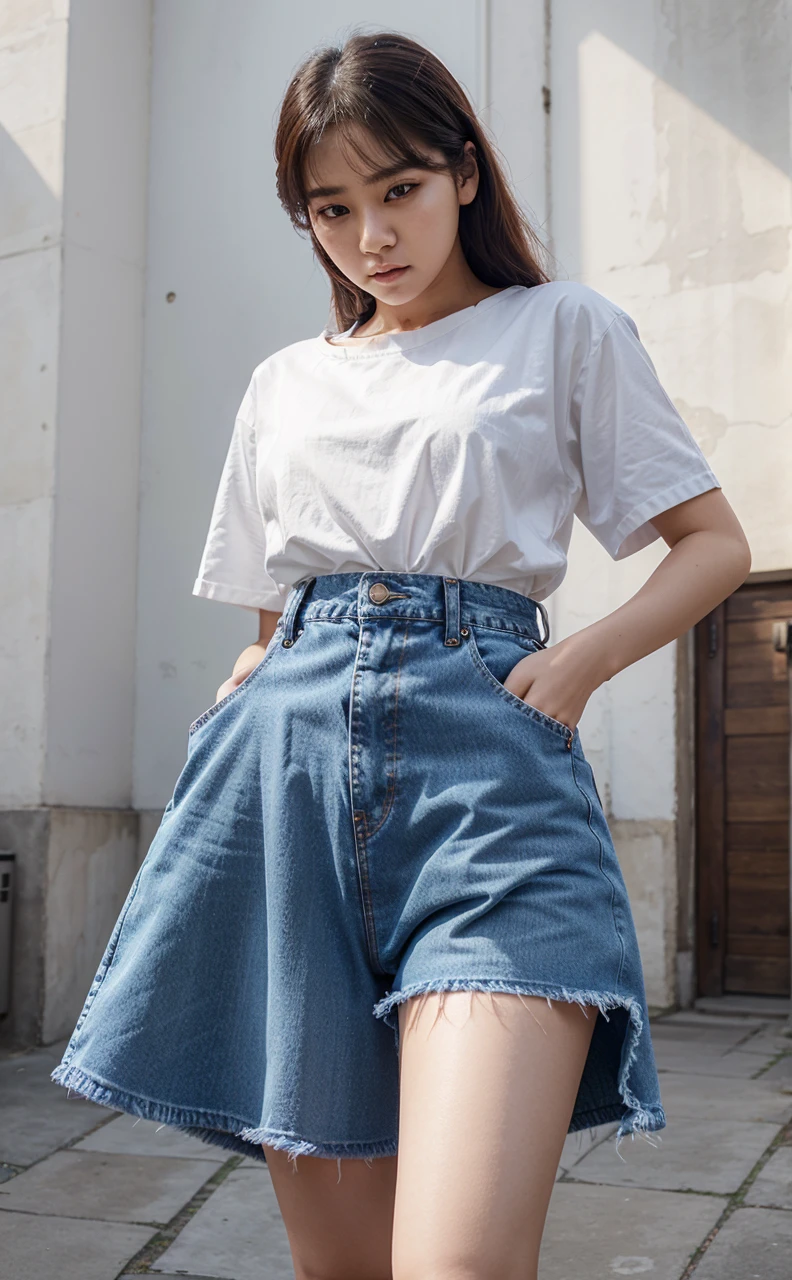 Cewek korea cantik rambut ungu baju jeans depanya tulisan the queen's of bangtan pake rok