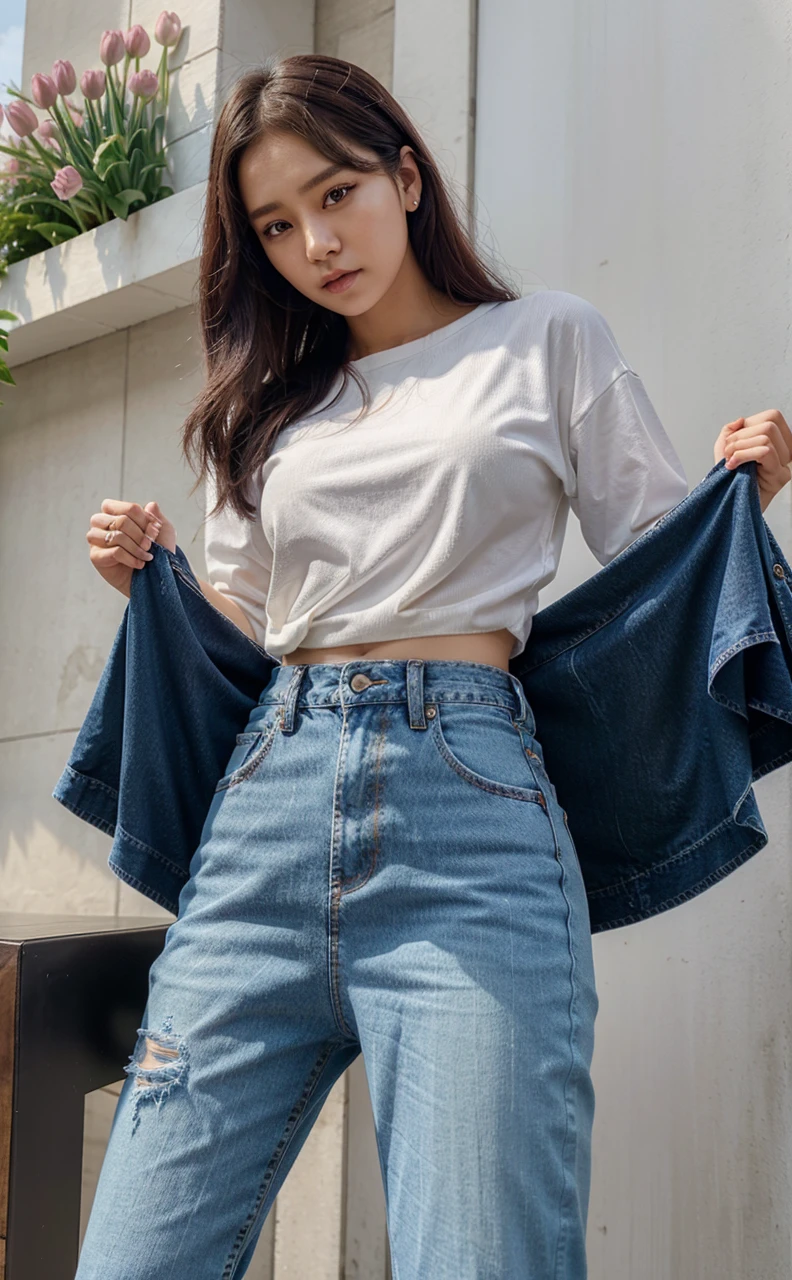 Cewek korea cantik rambut ungu baju jeans depanya tulisan the queen's of bangtan pake rok 