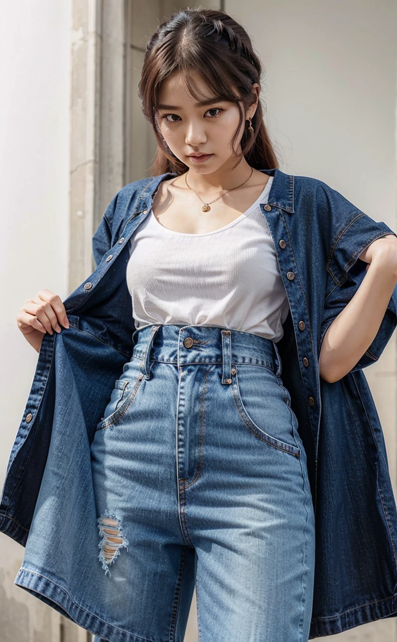 Cewek korea cantik rambut ungu baju jeans depanya tulisan the queen's of bangtan pake rok
