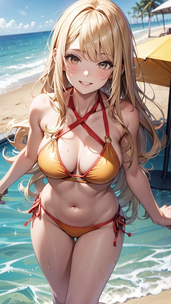 1girl, solo, bangs, long blonde hair, parted lips, medium breast, gold eyes, long hair, smile, solo, two piece red halter swimsuit, sandy pier background,